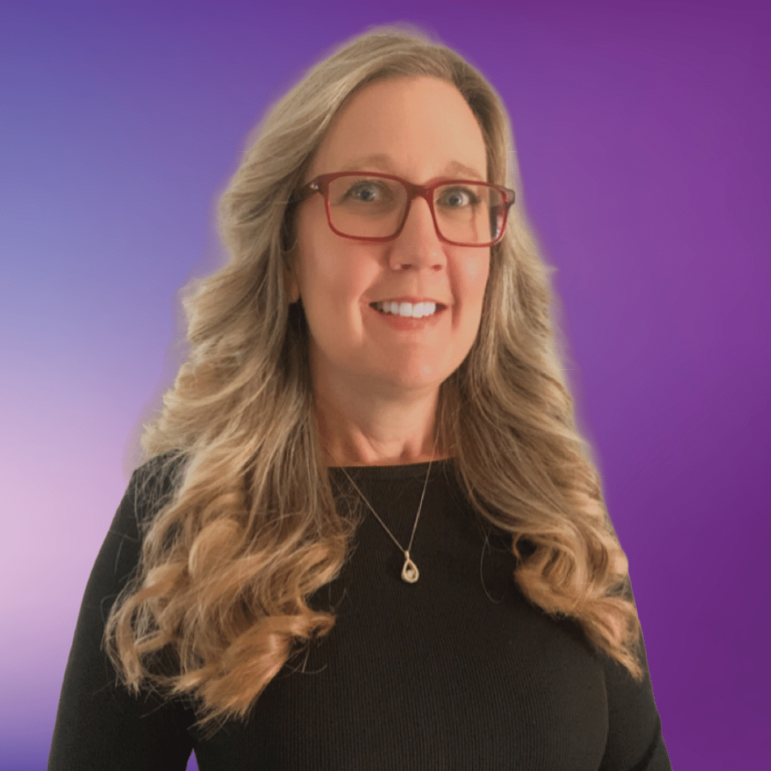 Photo of team member Laura on a purple background