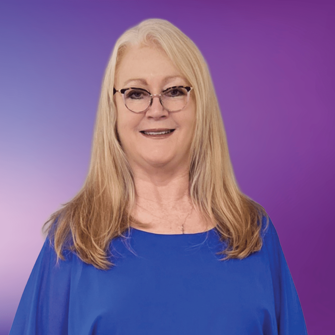 Headshot of team member Bonnie on a purple background