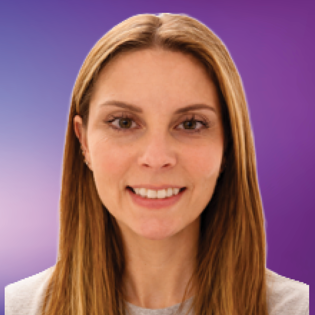 Headshot of branch director Jenna on a purple background