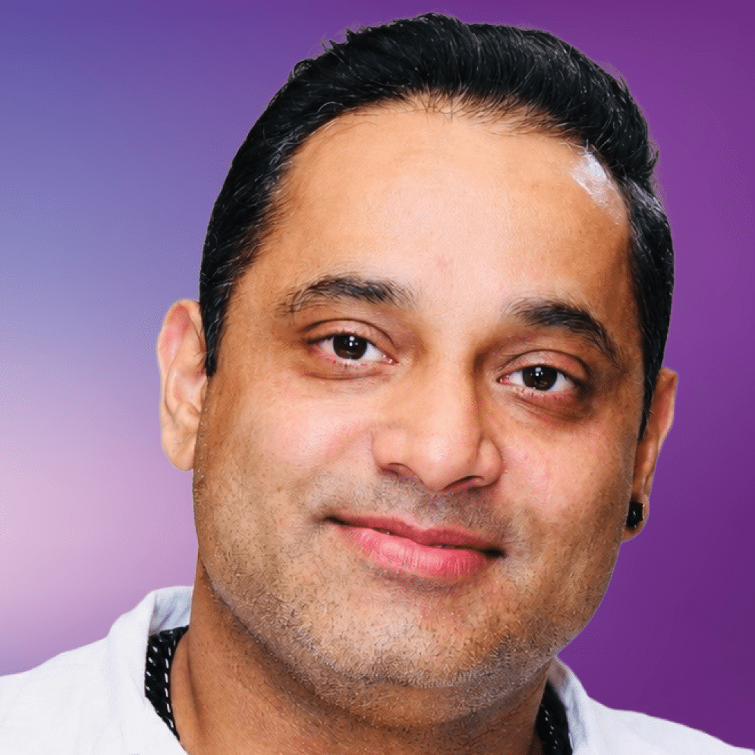 Headshot photo of Hemang, physical therapist, on a purple background