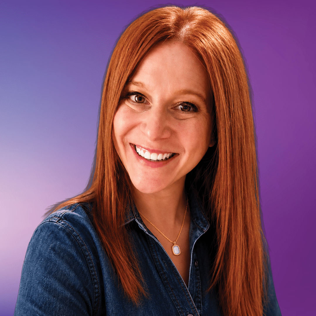 Photo of team member Courtney on a purple background