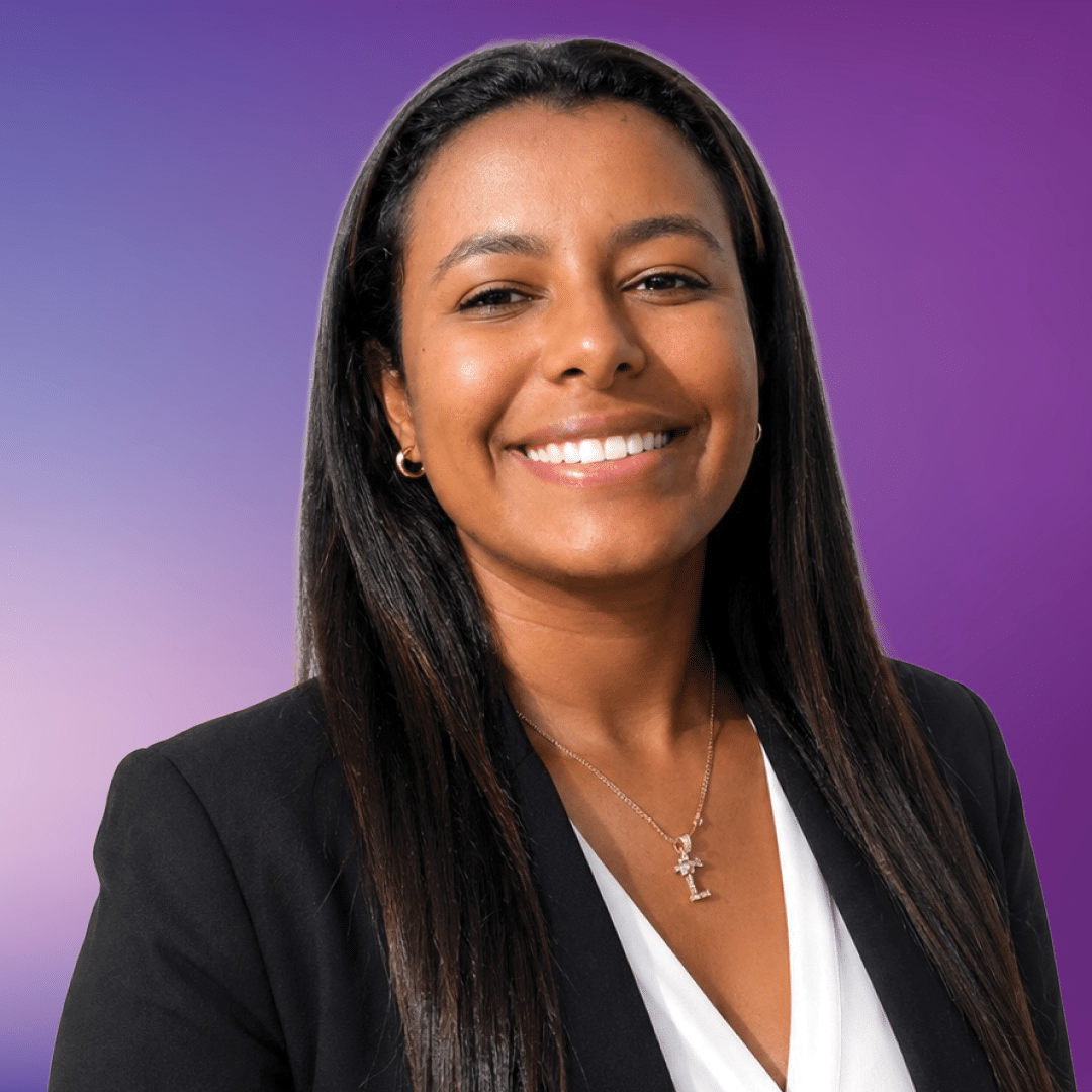 Headshot of Lisbeth, Care Team Manager, on a purple background