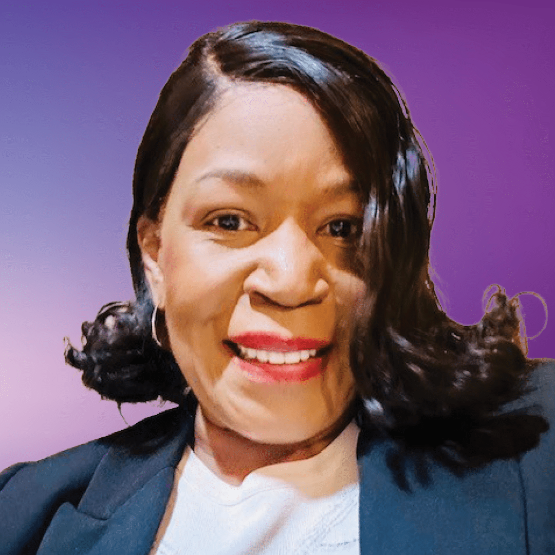 Photo of team member Beverly on a purple background